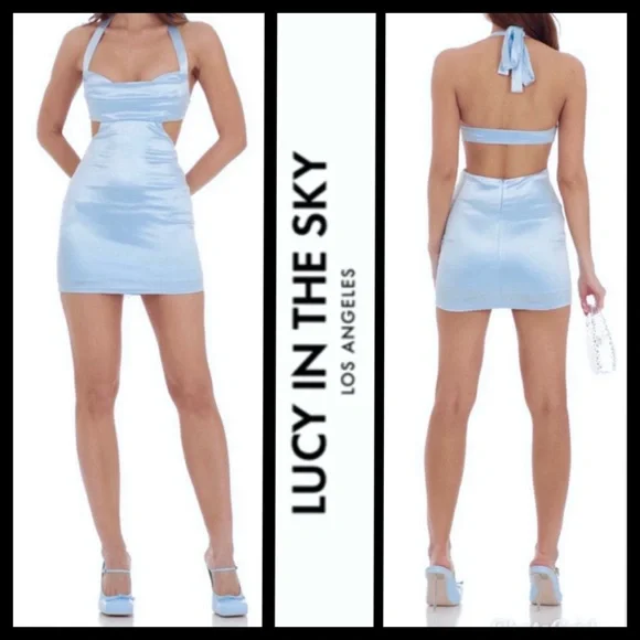 NWT Lucy in the Sky Blue Satin Cutout Bodycon Dress - Picture 2 of 10